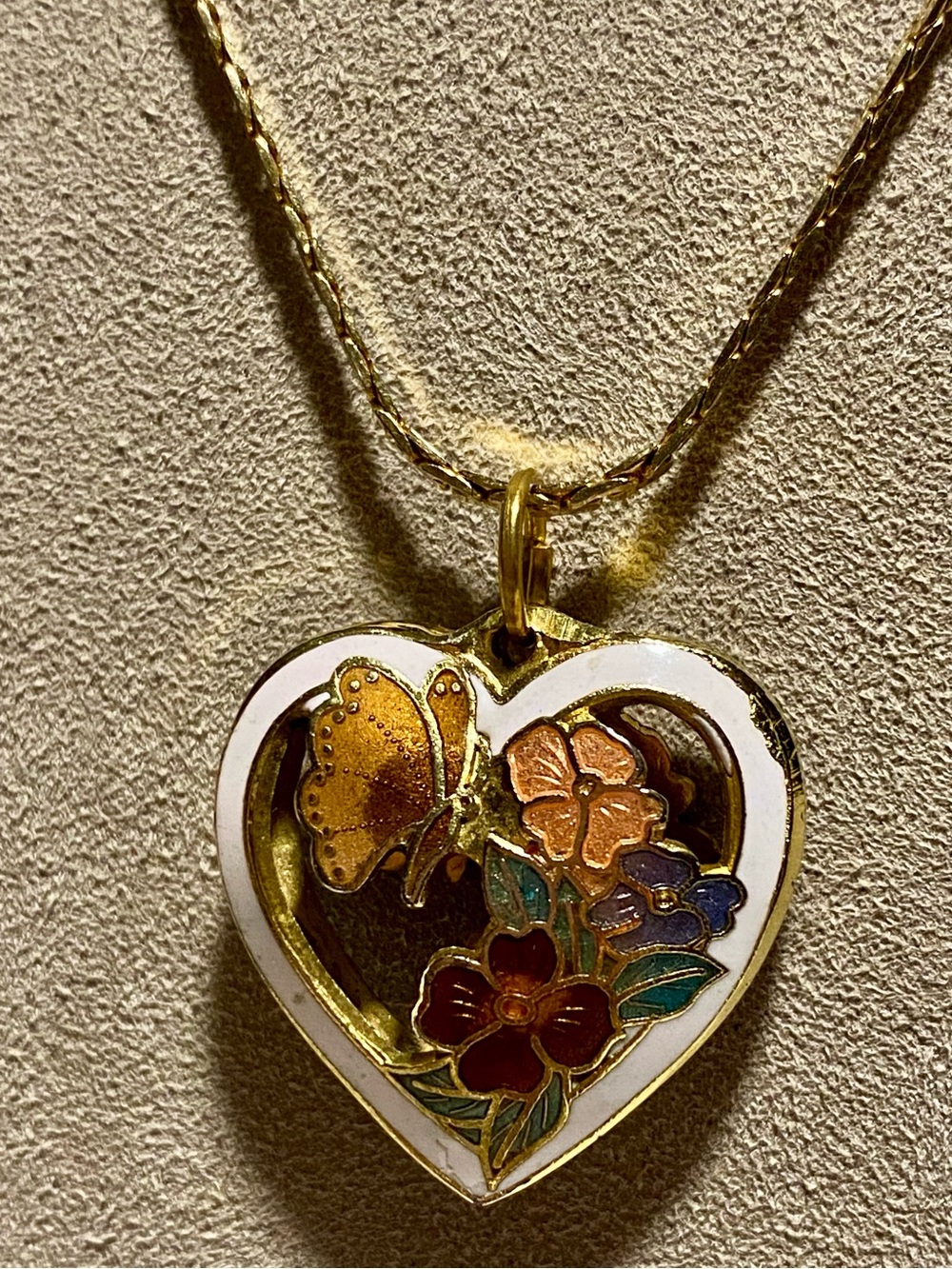Gold Heart Cloisonné Pendant with Multicolor Enamel Floral & Butterfly